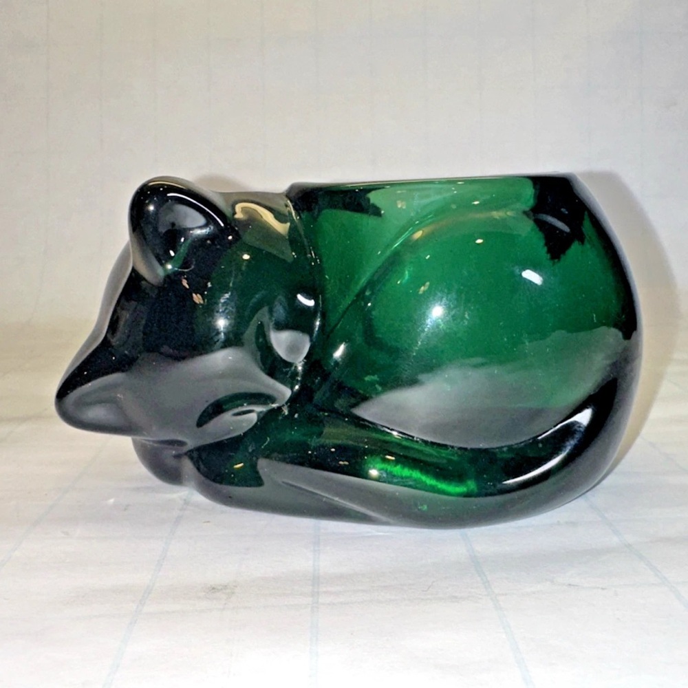 Indiana Glass Candle-Lite Green Sleeping Cat Votive Candle Holder w/Label VTG